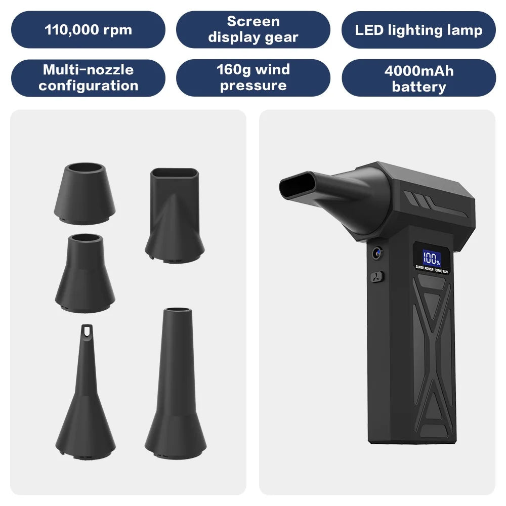 Powerful Air Blower 110000Rpm 4 Gear Adjustable Turbo Jet Blower With Led Light Battery Display Cordless Compressed Air Duster