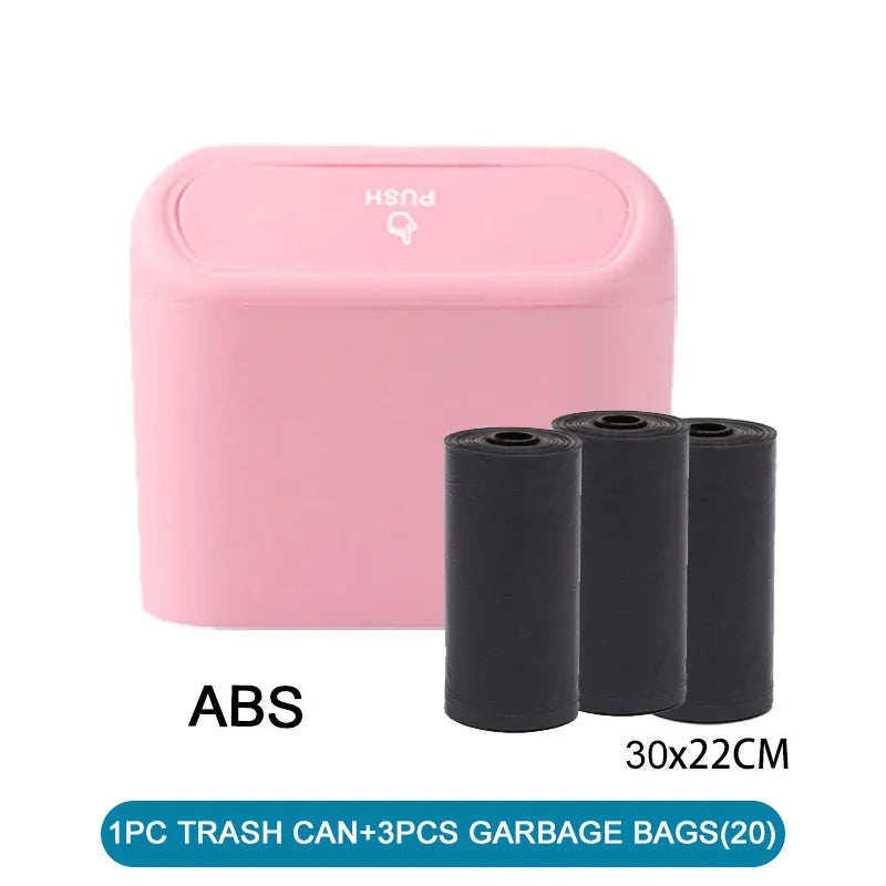 The covered car trash can contains 3 black garbage bags. The small car trash can is leak proof and miniature